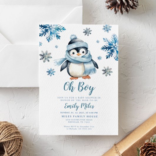 Winter Pinguin Baby shower Uitnodiging