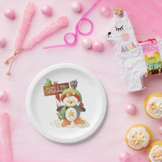 Winter Pinguïn & Bird Chillin Kerstvakantie Papieren Bordje (Feest)