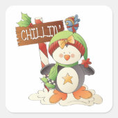 Winter Pinguïn & Bird Chillin Kerstvakantie Vierkante Sticker (Voorkant)