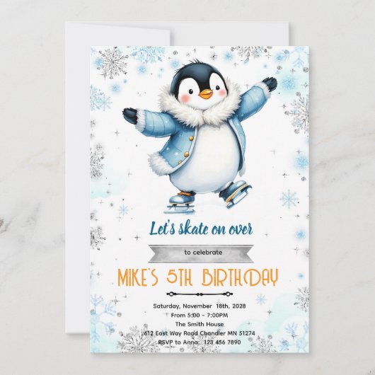 Winter pinguïn ijs schaats thema uitnodiging (Voorkant)