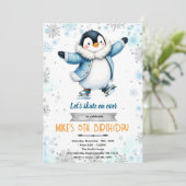 Winter pinguïn ijs schaats thema uitnodiging (Staand voorkant)