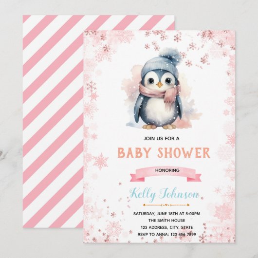 Winter pinguïn meisje douche uitnodiging voor verj (Voorkant / Achterkant)