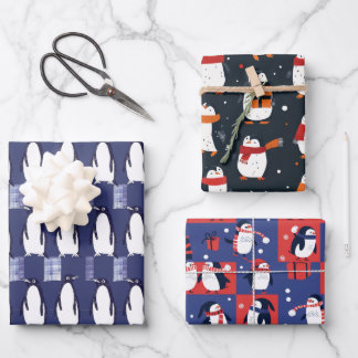 Winter Pinguïn Patroon Blauwe Inpakpapier  Vel