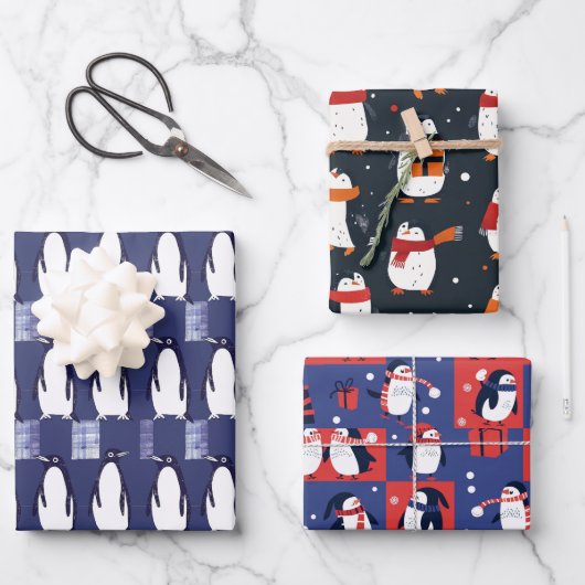 Winter Pinguïn Patroon Blauwe Inpakpapier Vel (Voorkant)