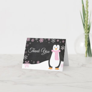 Winter Pinguïn Sneeuwvlok Roze Bedankkaart