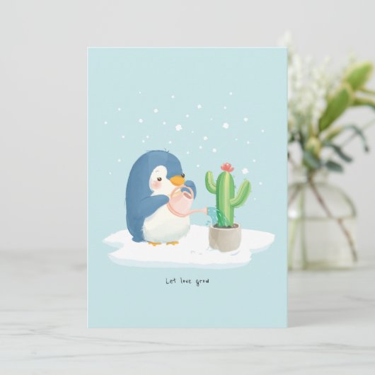 Winter Pinguïn Tuinman Laat Liefde Groeien Bedankkaart (Staand voorkant)