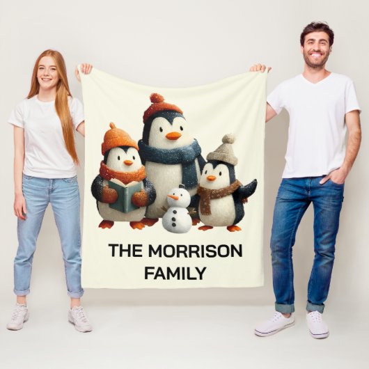 Winter Pinguïnfamilie met Sneeuwman Fleece Deken (In situ)