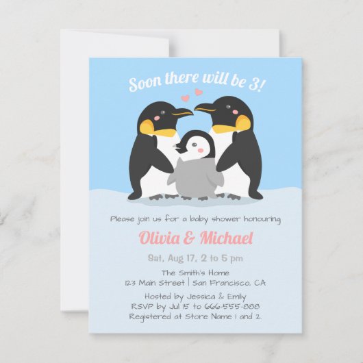 Winter Pinguïnfamilie Van Drie Baby Shower Kaart (Voorkant)