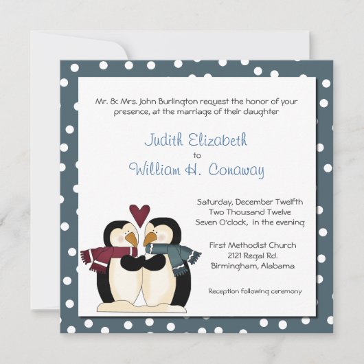 Winter Pinguins in Love Wedding Invitation Kaart (Voorkant)