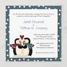 Winter Pinguins in Love Wedding Invitation Kaart