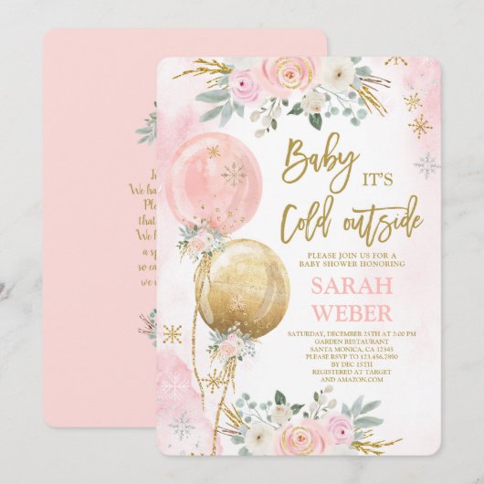 Winter Pink Baby shower Girl Uitnodiging (Voorkant / Achterkant)
