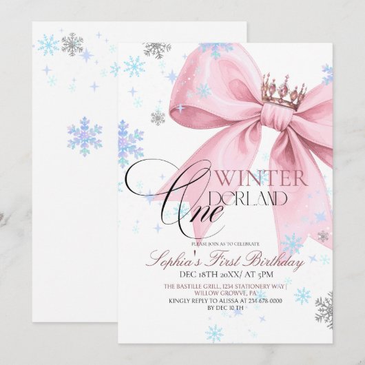 Winter Pink Bow 1st Birthday Party Kaart (Voorkant / Achterkant)