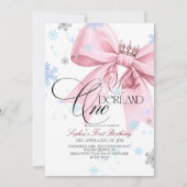 Winter Pink Bow 1st Birthday Party Kaart (Voorkant)