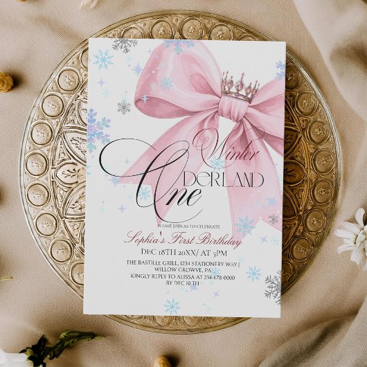 Winter Pink Bow 1st Birthday Party Kaart