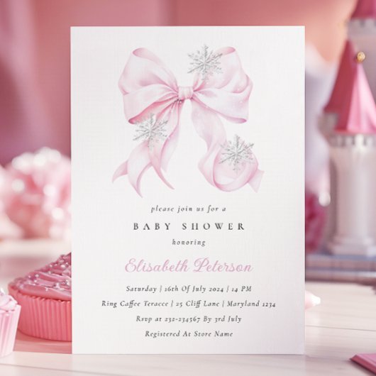 Winter Pink Bow Baby shower Uitnodiging