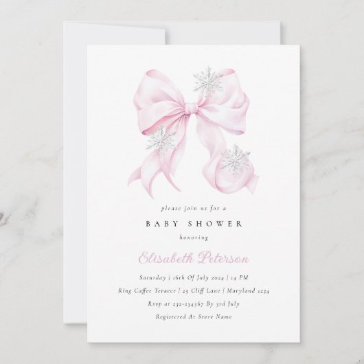 Winter Pink Bow Baby shower Uitnodiging (Voorkant)