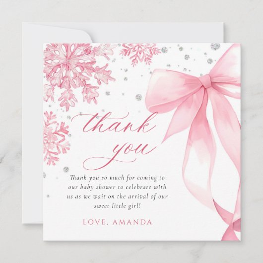 Winter Pink Bow Snowflakes Baby Shower Bedankkaart (Voorkant)
