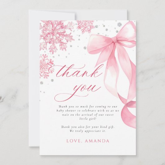 Winter Pink Bow Snowflakes Baby Shower Bedankkaart (Voorkant)