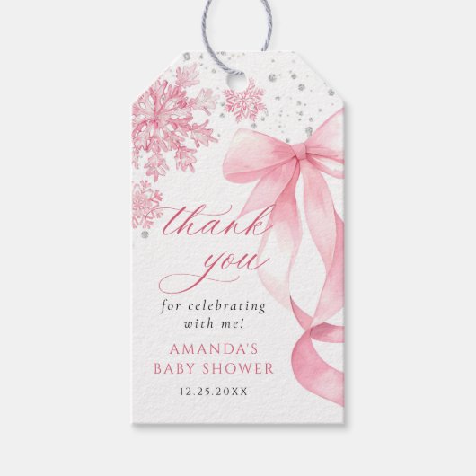 Winter Pink Bow Snowflakes Baby Shower Cadeaulabel (Voorkant)