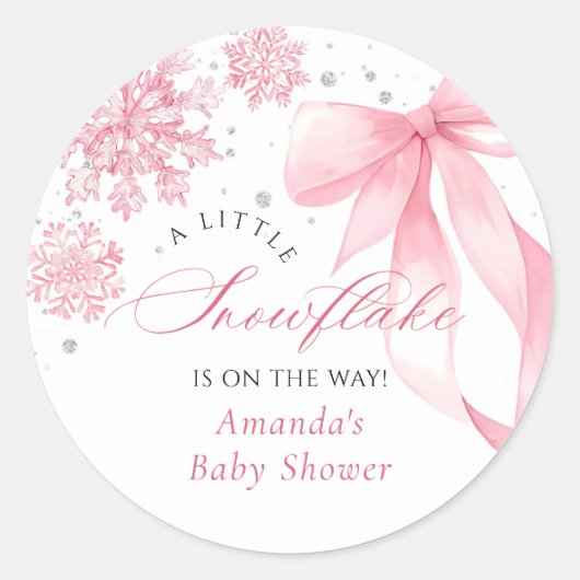 Winter Pink Bow Snowflakes Baby Shower Ronde Sticker (Voorkant)
