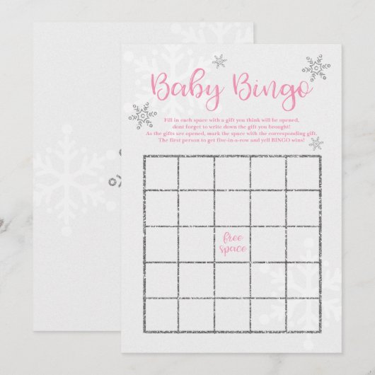Winter Pink en Silver Snowflake Baby Bingo Kaart (Voorkant / Achterkant)