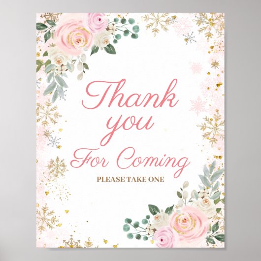 Winter Pink Floral Snowflake Bedankt voor je komst Poster (Voorkant)