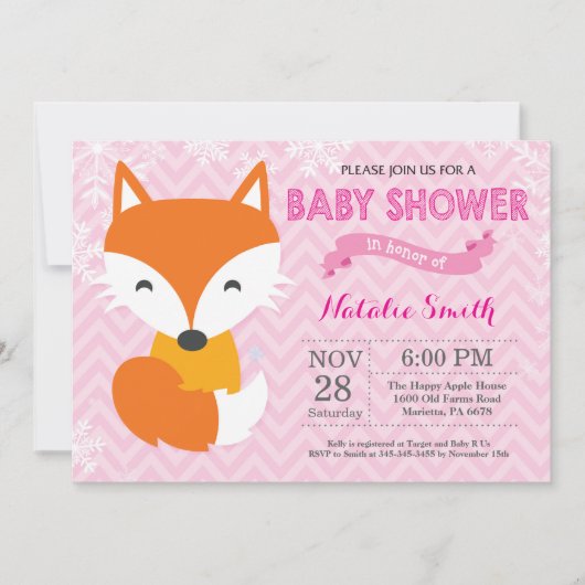 Winter Pink Fox Girl Baby shower Kaart (Voorkant)