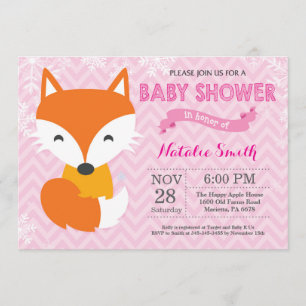 Winter Pink Fox Girl Baby shower Kaart