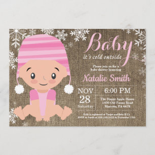 Winter Pink Girl Baby shower Invitation Burlap Kaart