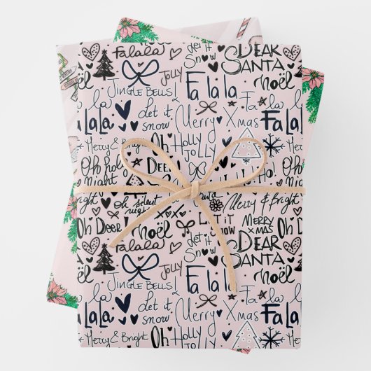 Winter Pink Girly Fun Holly Boots Kerstmis Inpakpapier Vel (In situ)