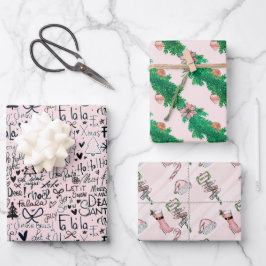 Winter Pink Girly Fun Holly Boots Kerstmis Inpakpapier Vel