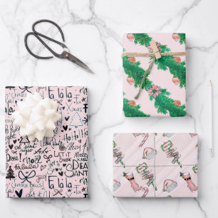 Winter Pink Girly Fun Holly Boots Kerstmis Inpakpapier Vel