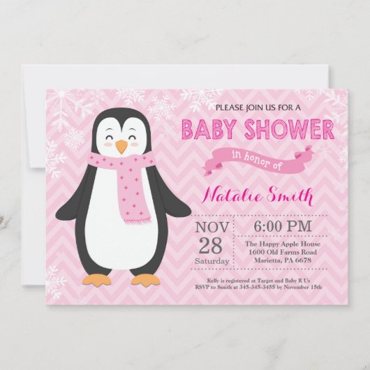 Winter Pink Penguin Girl Baby shower Kaart (Voorkant)