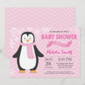 Winter Pink Penguin Girl Baby shower Kaart (Voorkant / Achterkant)
