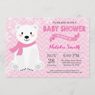 Winter Pink Polar Beer Girl Baby shower Kaart