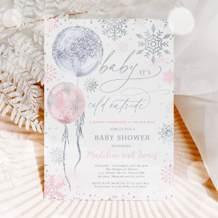 Winter Pink Silver Snowflake Baby shower Kaart