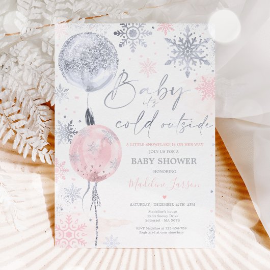 Winter Pink Silver Snowflake Baby shower Kaart