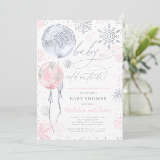 Winter Pink Silver Snowflake Baby shower Kaart (Staand voorkant)