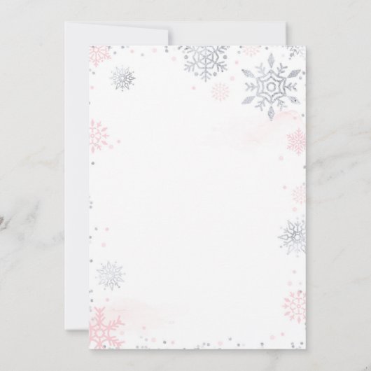 Winter Pink Silver Snowflake Baby shower Kaart (Achterkant)