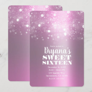 Winter Pink Silver Sparging Lights Sweet 16 Party Kaart