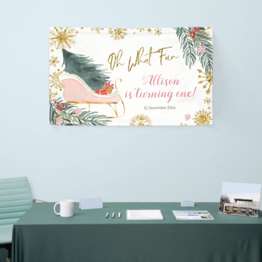 Winter Pink Sleigh Girl Birthday Spandoek (Beurs)