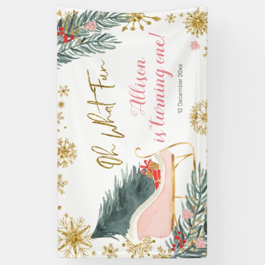 Winter Pink Sleigh Girl Birthday Spandoek (Verticaal)