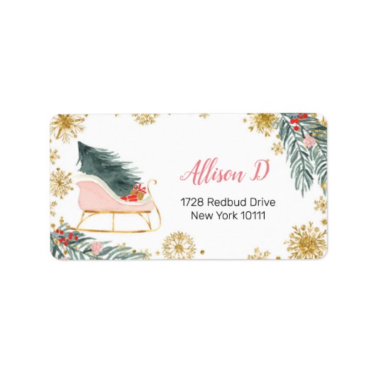 Winter Pink Sleigh Snowflake Address Label (Voorkant)