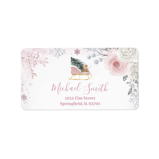 Winter Pink Snowflake Sleigh Baby Shower Address Etiket (Voorkant)
