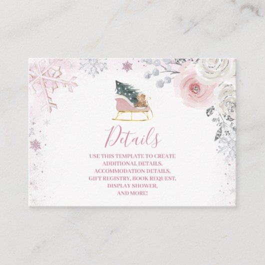 Winter Pink Snowflake Sleigh Baby Shower Details Informatiekaartje (Voorkant)