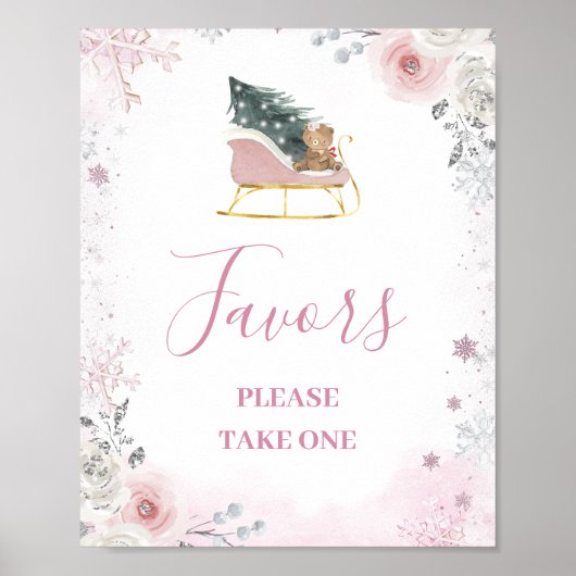 Winter Pink Snowflake Sleigh Baby Shower Favors Poster (Voorkant)