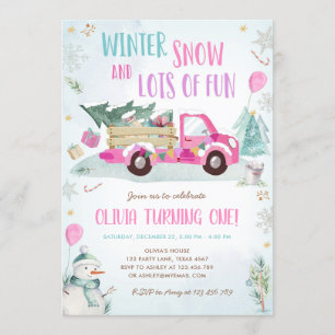 Winter Pink Truck Snow Fun Girl Eerste verjaardag Kaart