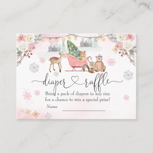 Winter Pink Woodland Animals Girl Diaper Raffle Informatiekaartje (Voorkant)