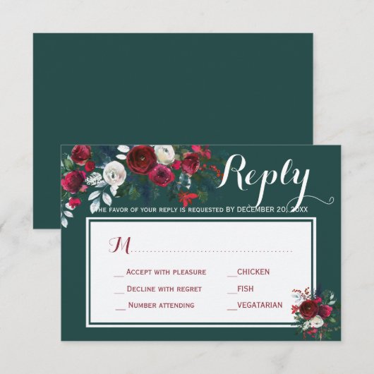 Winter pioenen bruiloft antwoord maaltijd keuze RS (Voorkant / Achterkant)