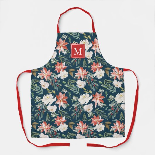 Winter Poinsettia Bloemen Patroon Marine Monogram Schort (Voorkant)